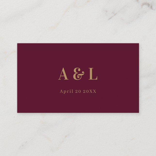 Wedding Monogram Minimalist Burgundy Gold Place Card (Front)