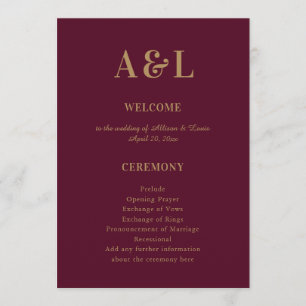 Wedding Monogram Minimalist Burgundy Gold Program