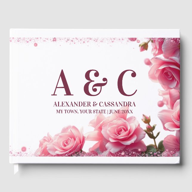 Wedding Monogram Minimalist Burgundy Pink Floral Guest Book (Front)