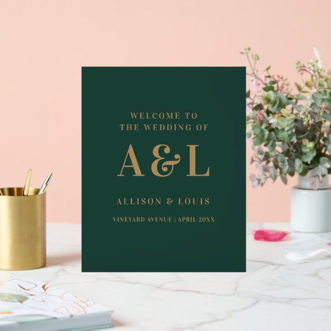 Wedding Monogram Minimalist Emerald Green Gold Acrylic Sign (Wedding)