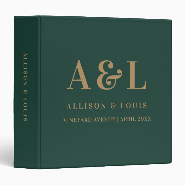 Wedding Monogram Minimalist Emerald Green Gold Binder (Front/Spine)