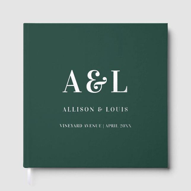 Wedding Monogram Minimalist Emerald Green Gold Guest Book (Front)