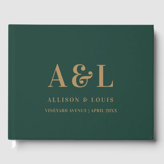 Wedding Monogram Minimalist Emerald Green Gold Guest Book (Front)