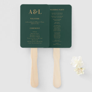 Wedding Monogram Minimalist Emerald Green Gold Hand Fan