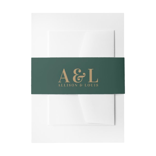 Wedding Monogram Minimalist Emerald Green Gold Invitation Belly Band (Front Example)