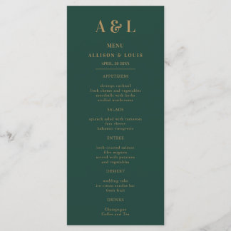 Wedding Monogram Minimalist Emerald Green Gold Menu