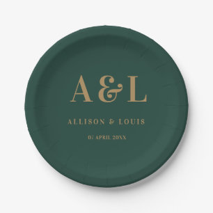 Wedding Monogram Minimalist Emerald Green Gold Paper Plate