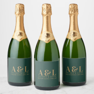 Wedding Monogram Minimalist Emerald Green Gold Sparkling Wine Label