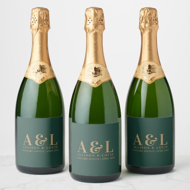 Wedding Monogram Minimalist Emerald Green Gold Sparkling Wine Label (Bottles)