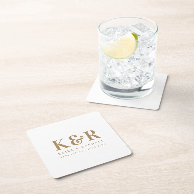 Wedding Monogram Minimalist Simple Gold and White Square Paper Coaster (Insitu)