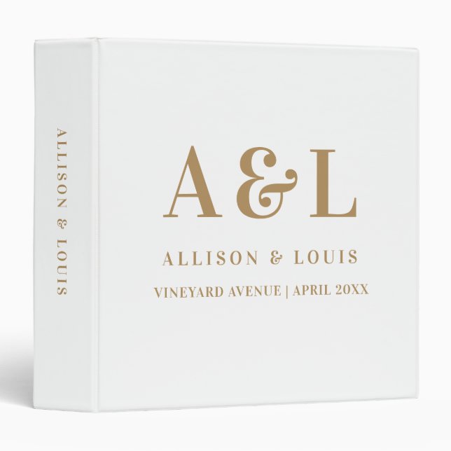 Wedding Monogram Minimalist White Gold Binder (Front/Spine)