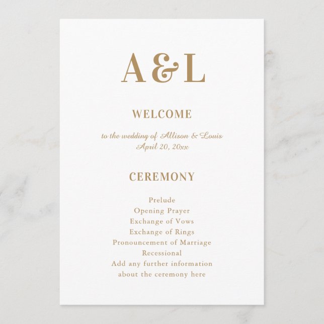 Wedding Monogram Minimalist White Gold Program (Front)