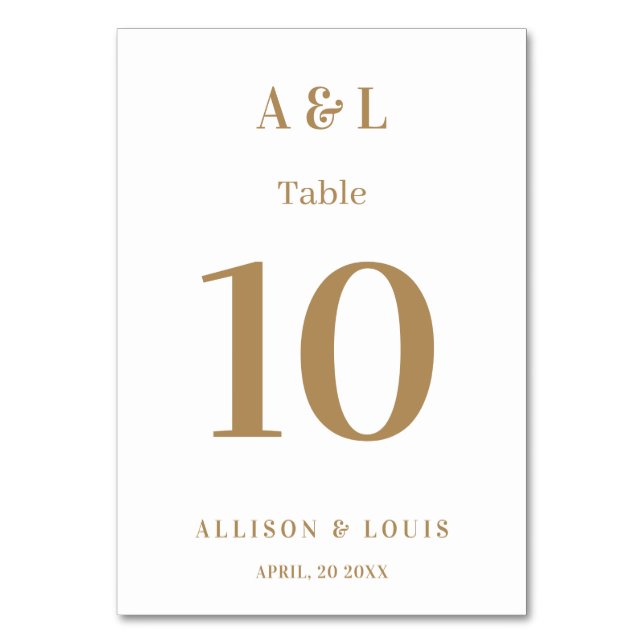 Wedding Monogram Minimalist White Gold Table Number (Front)