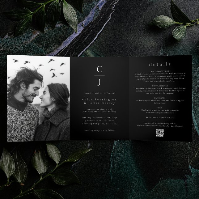 Wedding Monogram Modern Black Photo QR Code Tri-Fold Invitation (Creator Uploaded)