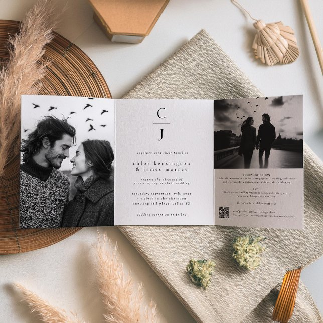 Wedding Monogram Modern Black White Photo QR Code Tri-Fold Invitation (Creator Uploaded)