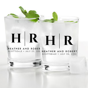 Wedding Monogram Modern Custom Bride and Groom Whiskey Glass
