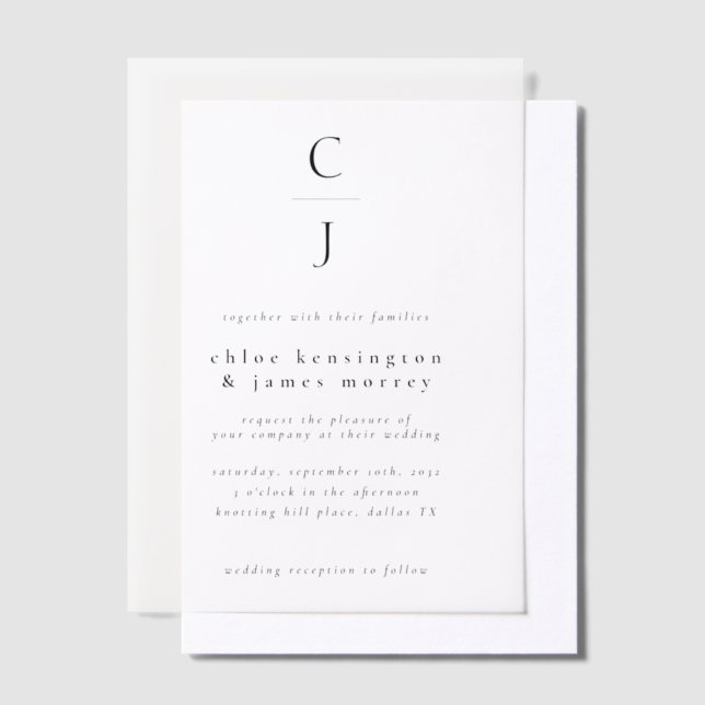 Wedding Monogram Modern Minimal Black White Vellum Invitations (Offset)