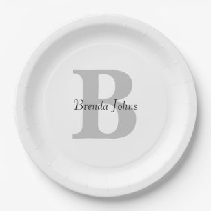 Wedding Monogram Name Baby Shower Grey Black White Paper Plate