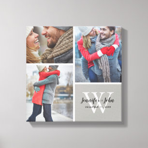Wedding Monogram Names and Date 3 Photo Collage Canvas Print