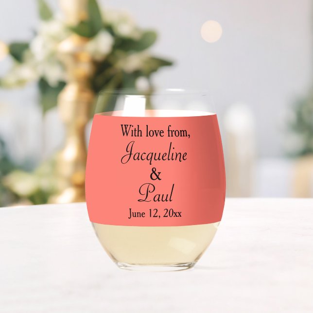 Wedding Monogram Names Coral Black Stemless Wine Glass (Insitu (Wedding))