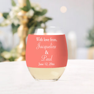 Wedding Monogram Names Coral White Stemless Wine Glass