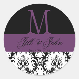 Wedding Monogram Names Date Damask Black Purple Classic Round Sticker