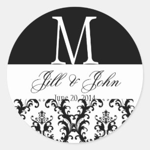 Wedding Monogram Names Date Damask Black White Classic Round Sticker