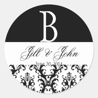 Wedding Monogram Names Date Damask Black White Classic Round Sticker
