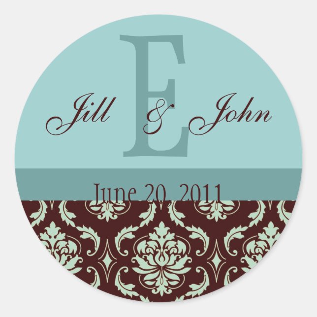 Wedding Monogram Names Date Damask Brown Blue Classic Round Sticker (Front)