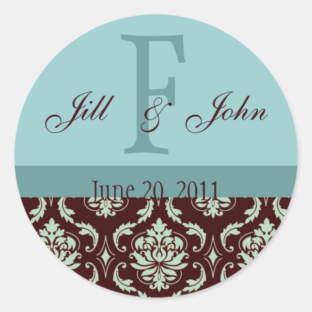 Wedding Monogram Names Date Damask Brown Blue Classic Round Sticker (Front)