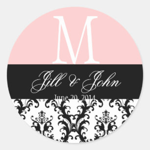 Wedding Monogram Names Date Damask Pink Seal