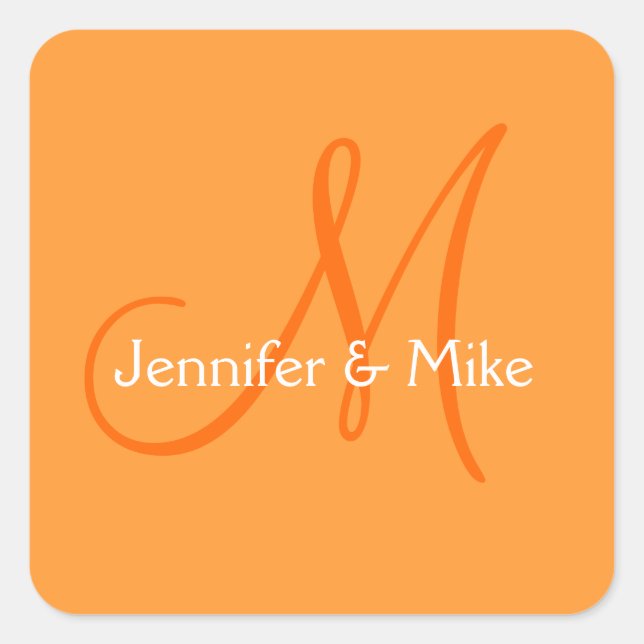 Wedding Monogram Orange Stickers Square (Front)