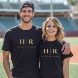 Wedding Monogram Personalized Bride And Groom T-Shirt<br><div class="desc">Celebrate your union in opulent style with our Wedding Monogram Personalized Bride and Groom T-Shirt, a luxurious addition to your wedding wardrobe. This elegant piece is designed for those seeking a touch of glamour, featuring a black and gold color scheme that exudes sophistication. The minimalist wedding design, including the bride...</div>