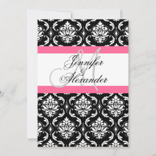 Wedding Monogram Pink Damask Invitation Back View