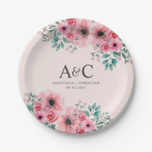 Wedding Monogram Pink & Green Floral Bouquet Paper Plate
