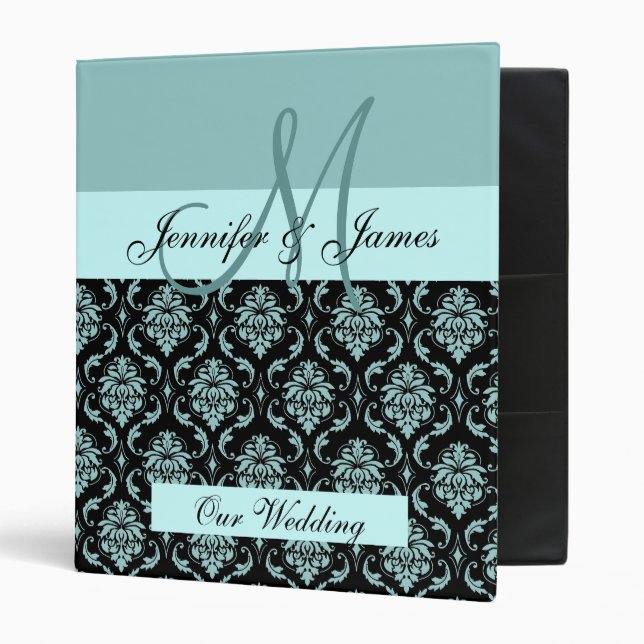 Wedding Monogram Planning Blue Damask Binder (Front/Inside)