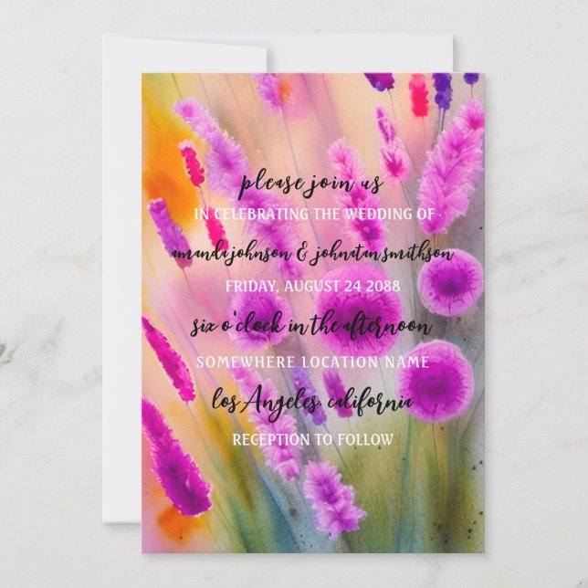 Wedding Monogram QR Code Meadow Purple Green Invitation (Front)