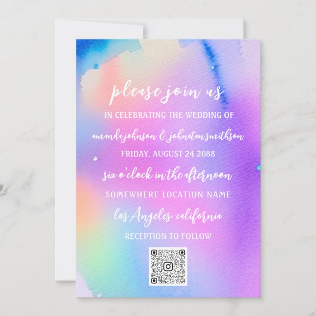 Wedding Monogram QR Code Pink Holographic  Invitation (Front)