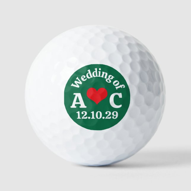 WEDDING Monogram Red Heart & Dark Green Background Golf Balls (Front)