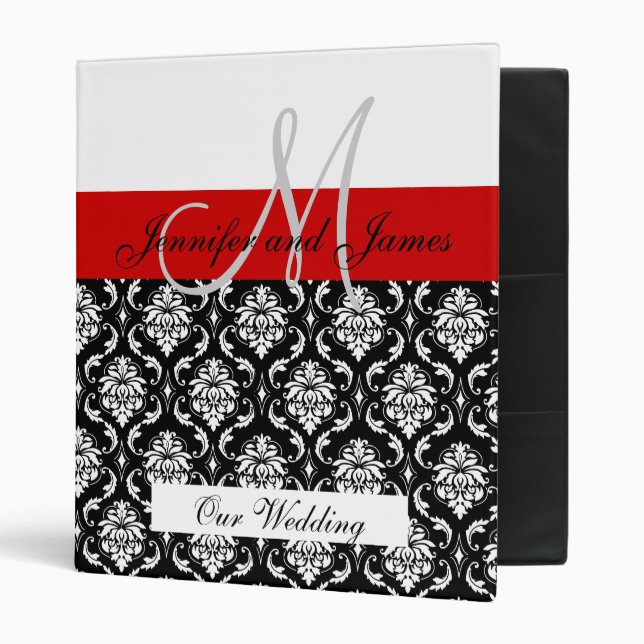 Wedding Monogram Red Planning Damask Binder (Front/Inside)
