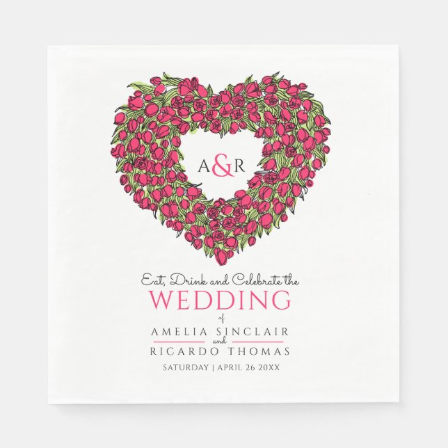 Wedding monogram red tulips wreath ink drawing napkin (Front)