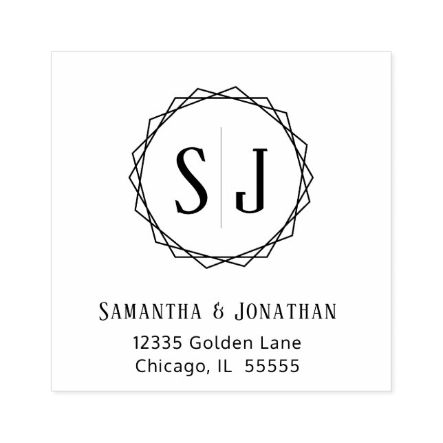 Wedding Monogram Return Address | Geometric Border Rubber Stamp (Imprint)