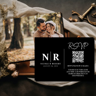 Wedding Monogram RSVP QR Code Photo Elegant Enclosure Card
