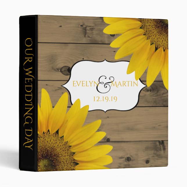 Wedding Monogram | Rustic Wood Sunflowers Binder (Front/Spine)
