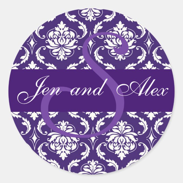 Wedding Monogram S Purple Damask Favor Sticker (Front)