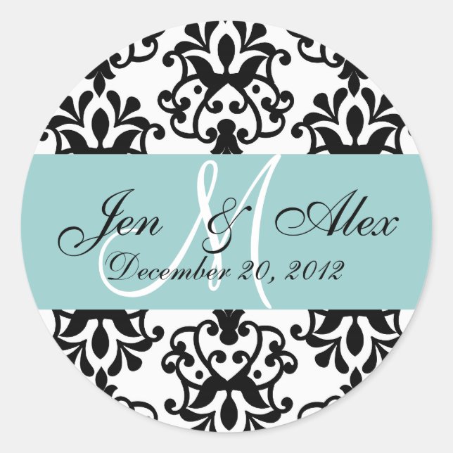 Wedding Monogram Save Date Damask Blue Seal (Front)