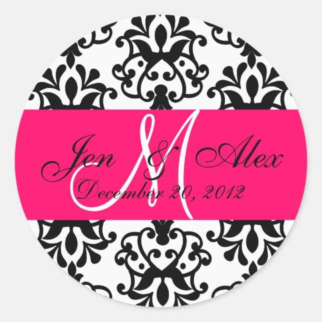 Wedding Monogram Save Date Damask Fuchsia Seal (Front)