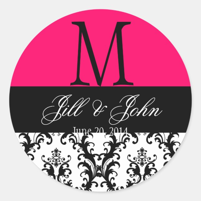 Wedding Monogram Save Date Damask Hot Pink Seal (Front)