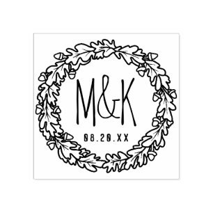 Wedding Monogram Save the Date Oak Acorn Wreath Rubber Stamp