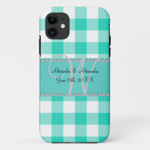 Wedding monogram turquoise gingham checkers iPhone 11 case
